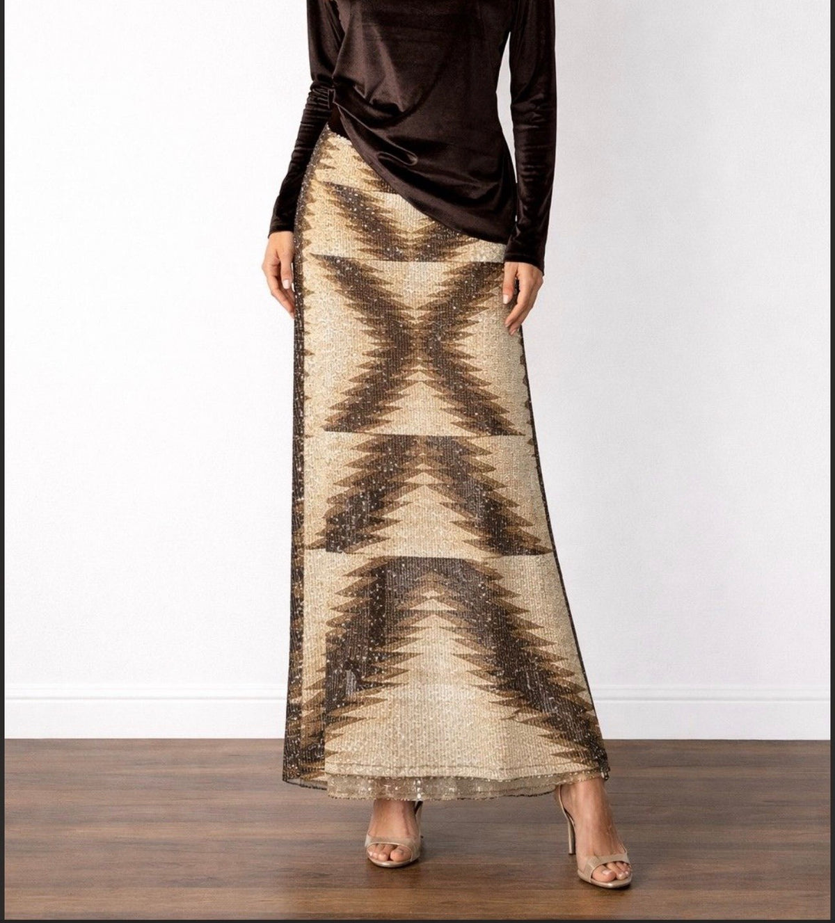 Delaney Printed Sequin Mesh Skirt – Chocolate on model