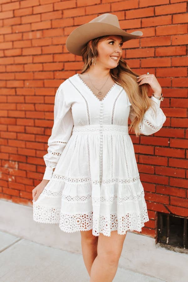 White Lace Tiered Long Sleeve Western Dress