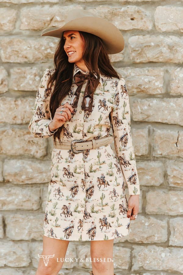 Cream Western Puff Sleeve Embroidered Bow Dress